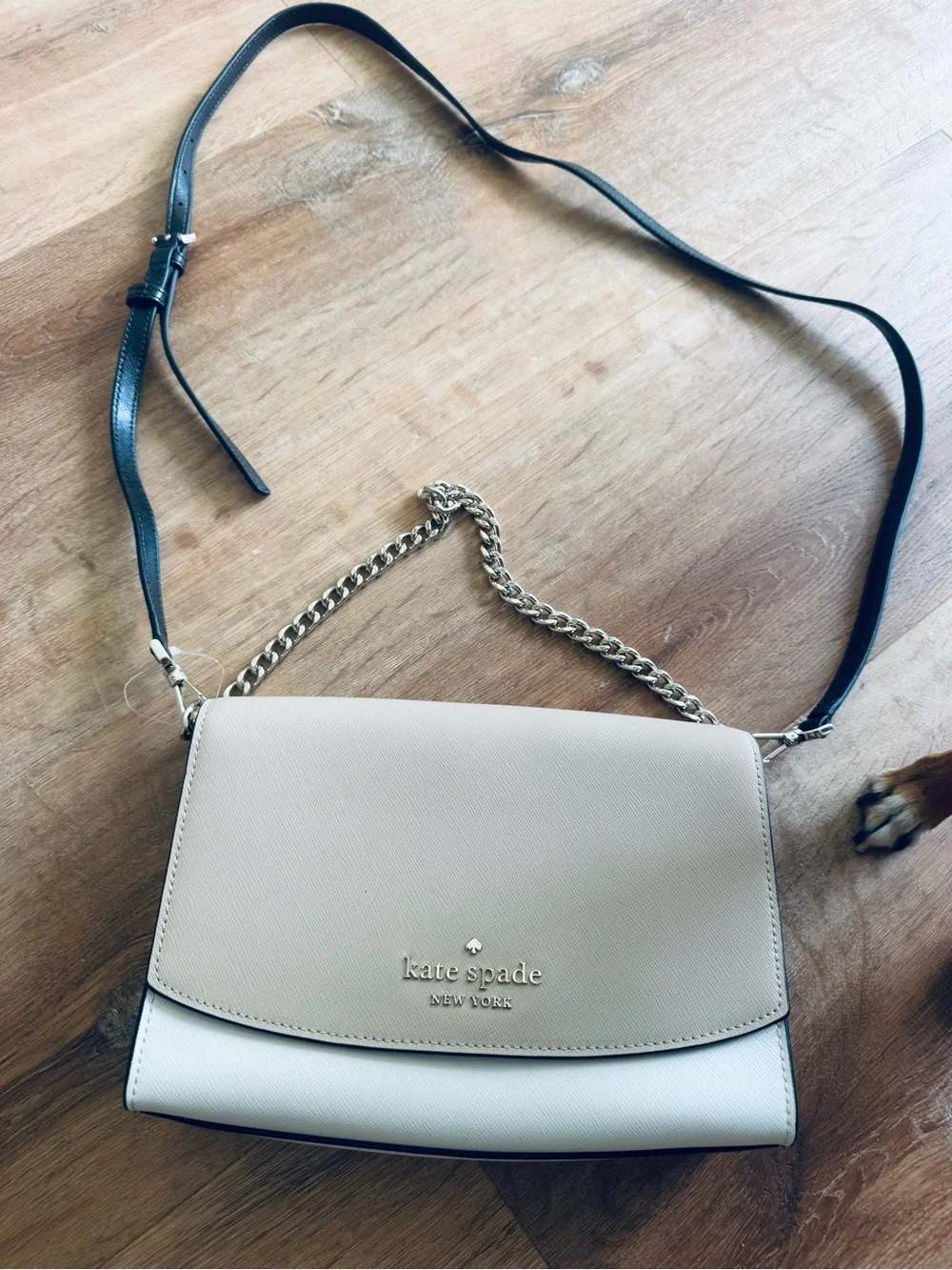 kate spade beige and black leather crossbody with silver chain